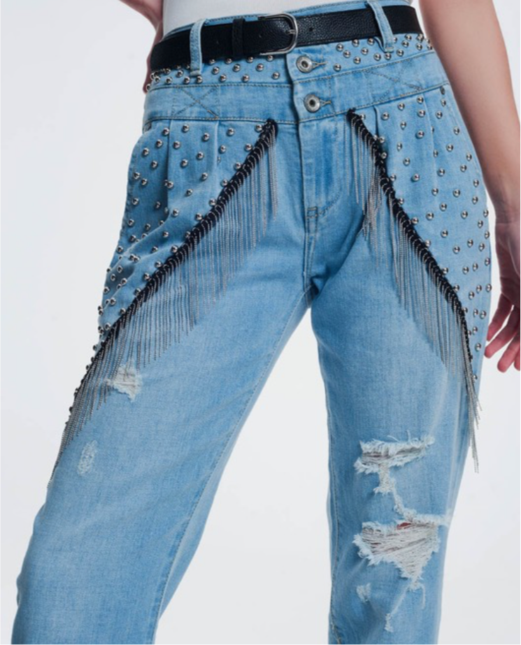 Vintage Ripped Jeans w Studs and Fringes