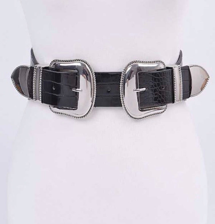 Double Buckle Iconic Stretch Belt (Black/Silver)