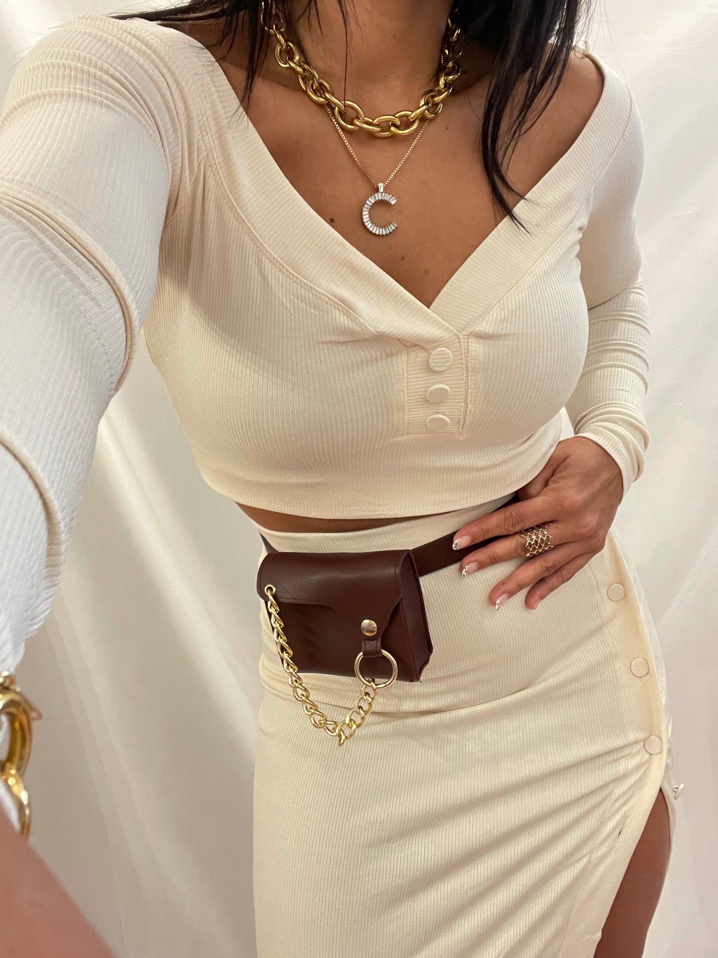 Cream Button Crop & Midi Skirt
