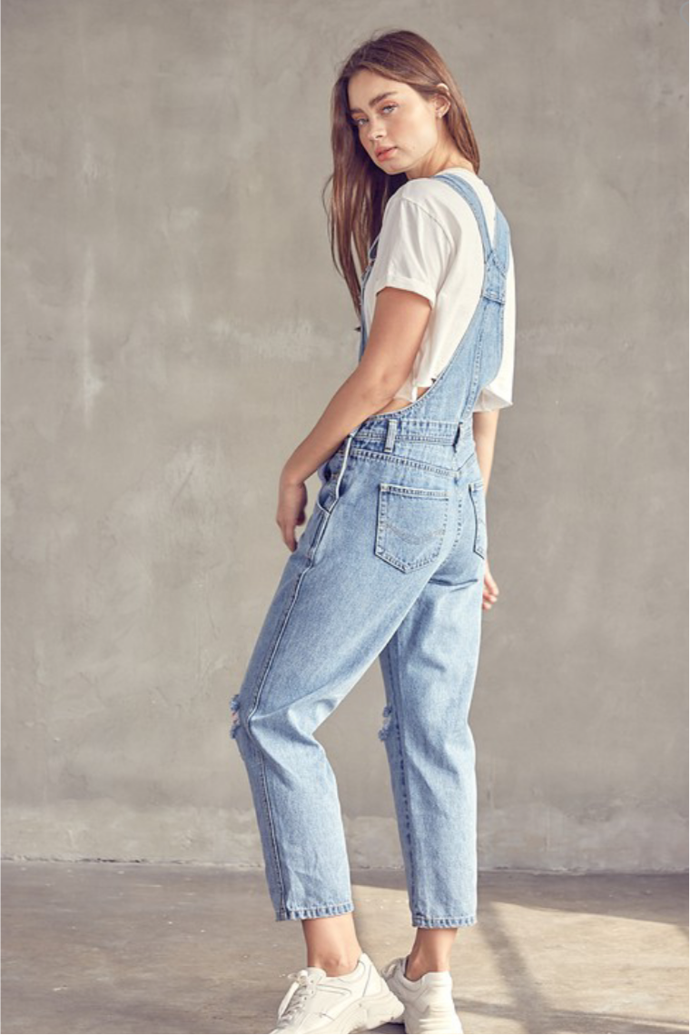 Distressed Jean Overall, Washed Denim