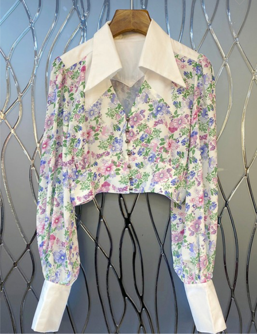 Floral Print Button Down Puff Sleeve Top