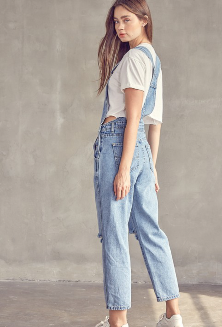 Distressed Jean Overall, Washed Denim