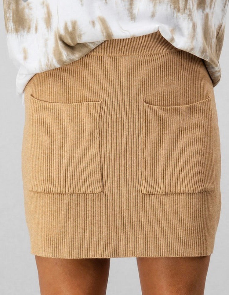Rib Knit Front Pockets Mini Skirt