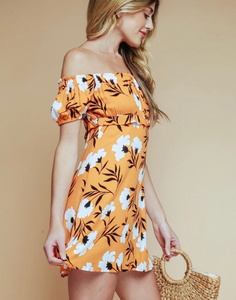 Orange Floral Off Shoulder Dress