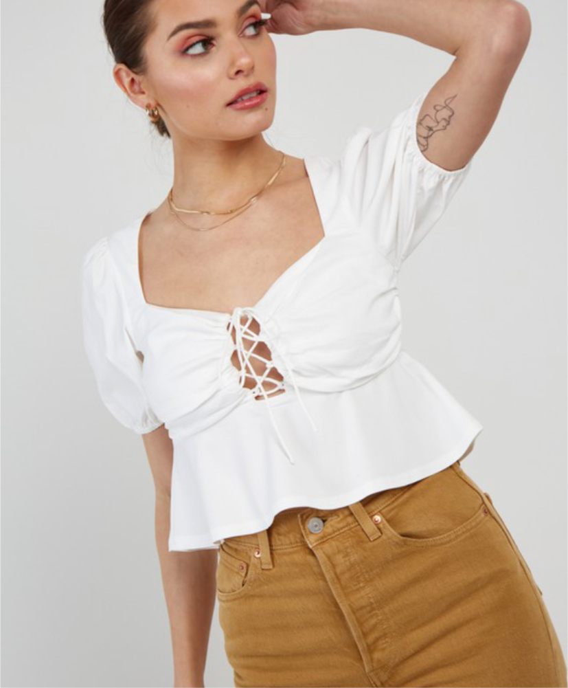 LACE UP DETAIL SHORT PUFF SLEEVE CROP TOP