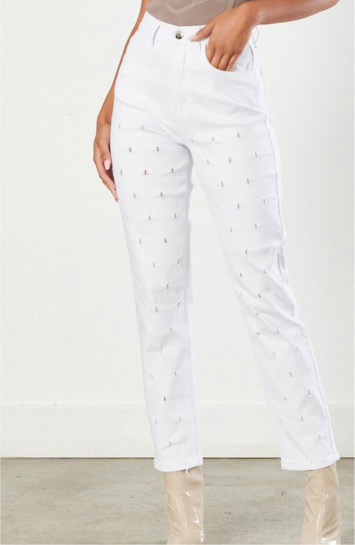 Distressed Mom Jeans, White