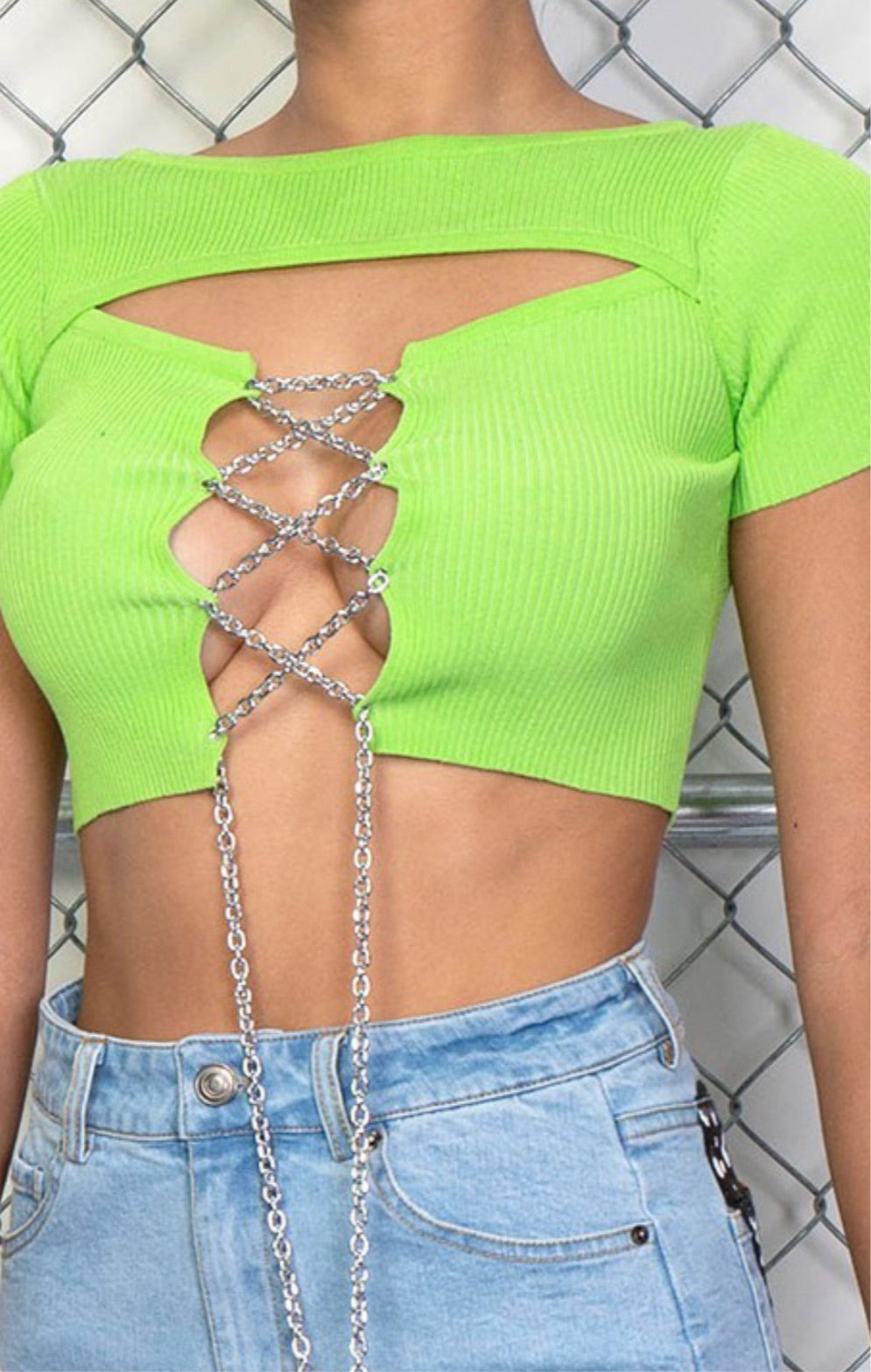 Lime Lace Up Metal Chain Top