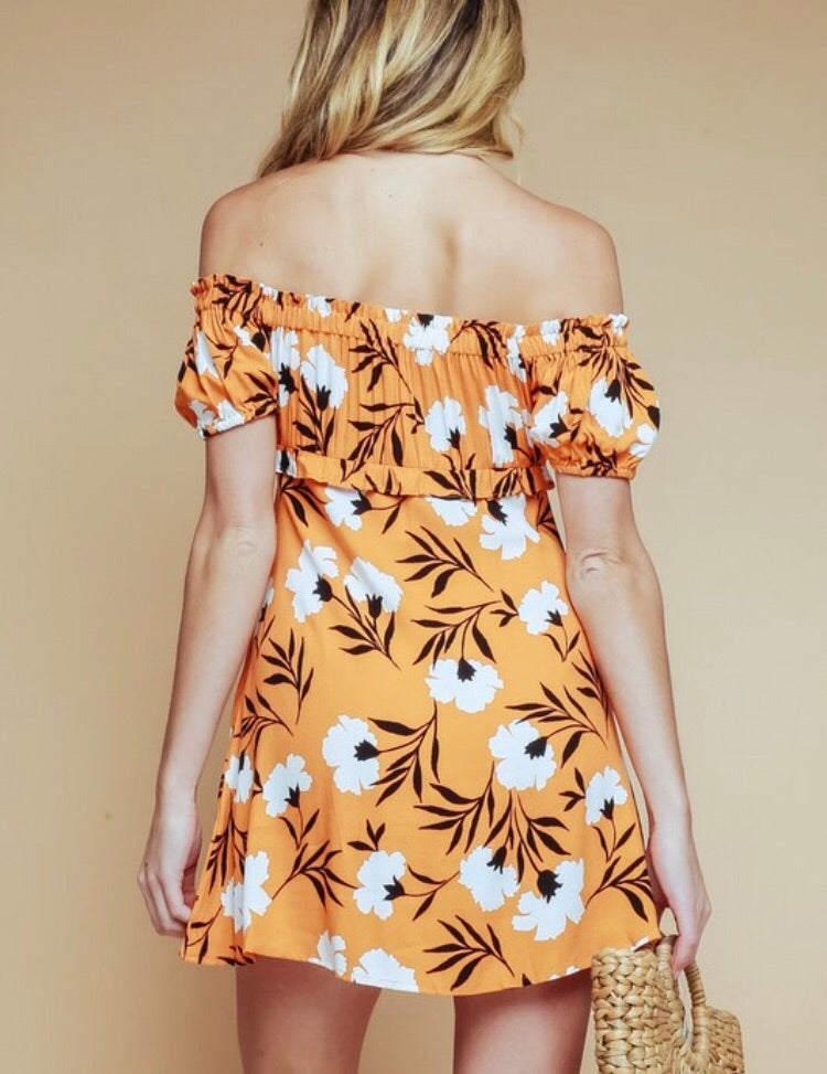 Orange Floral Off Shoulder Dress