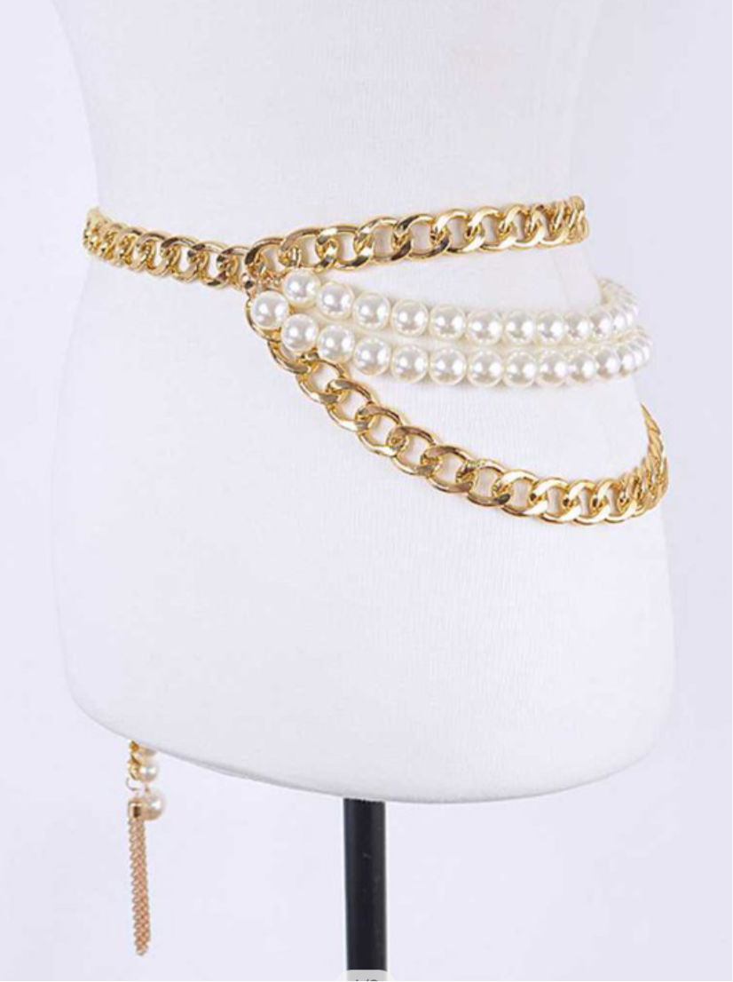 Mix Layer Pearl Accent Chain Belt