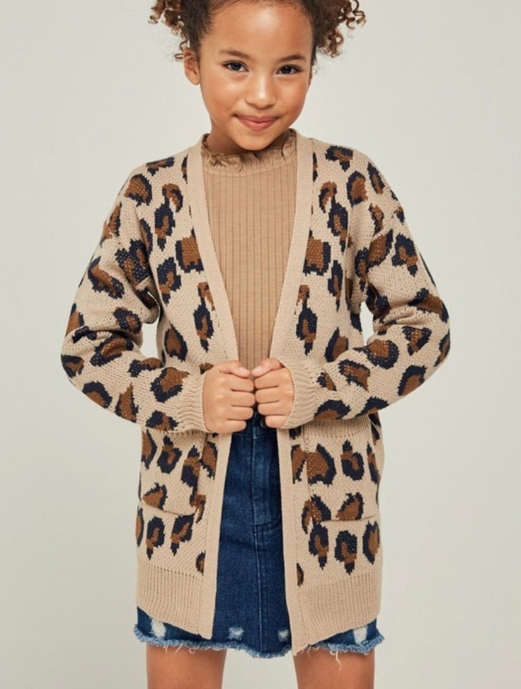 Tan Leopard Knit Sweater Cardigan