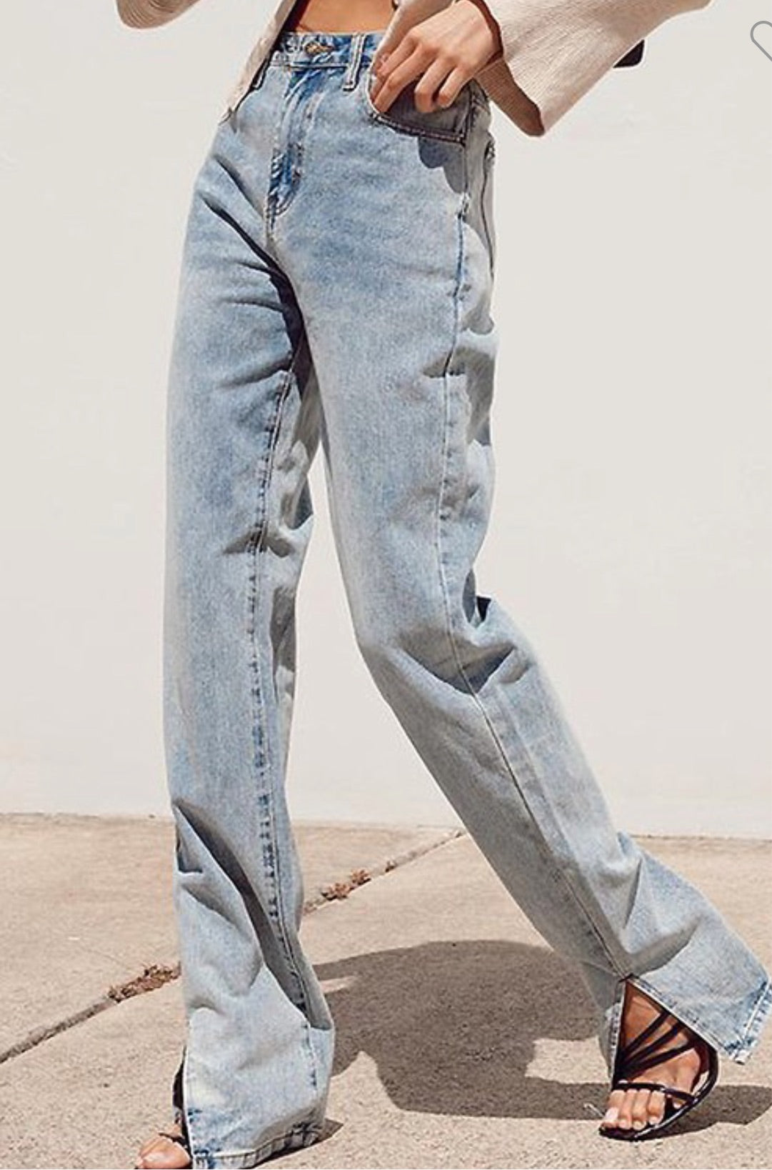 High Rise Washed Denim Jeans W Slits