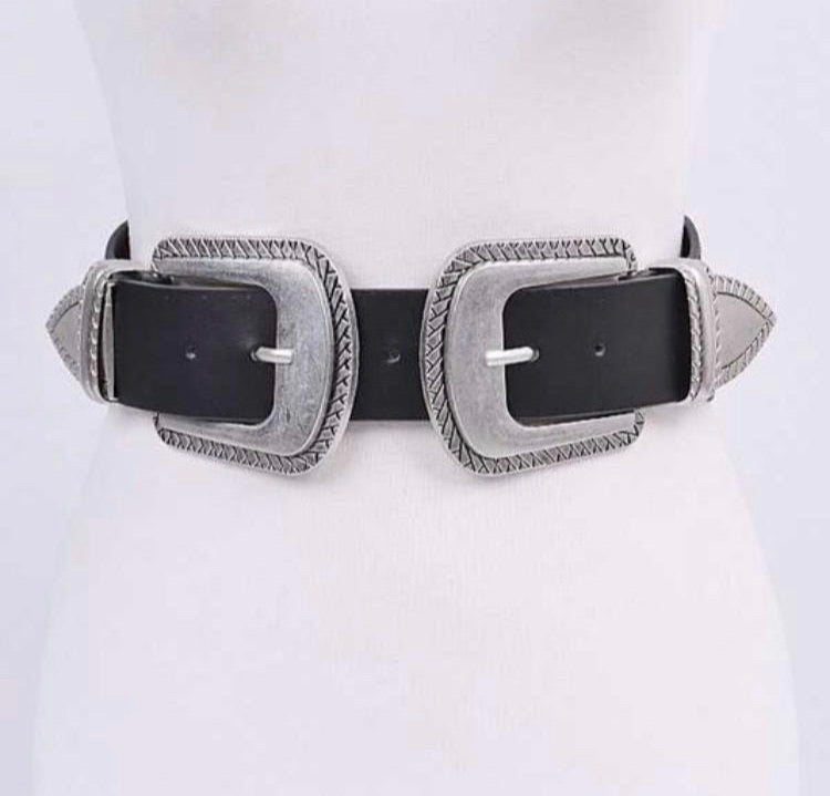 Double Buckle Vintage Belt (Black - Silver)