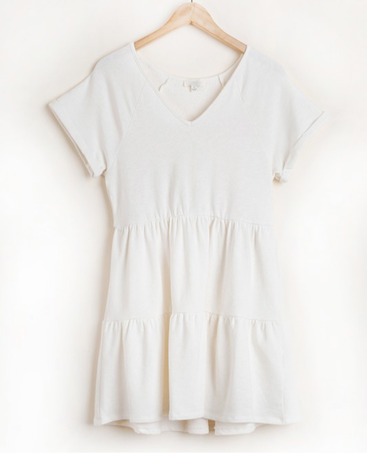 VNeck White Folded Short Dress