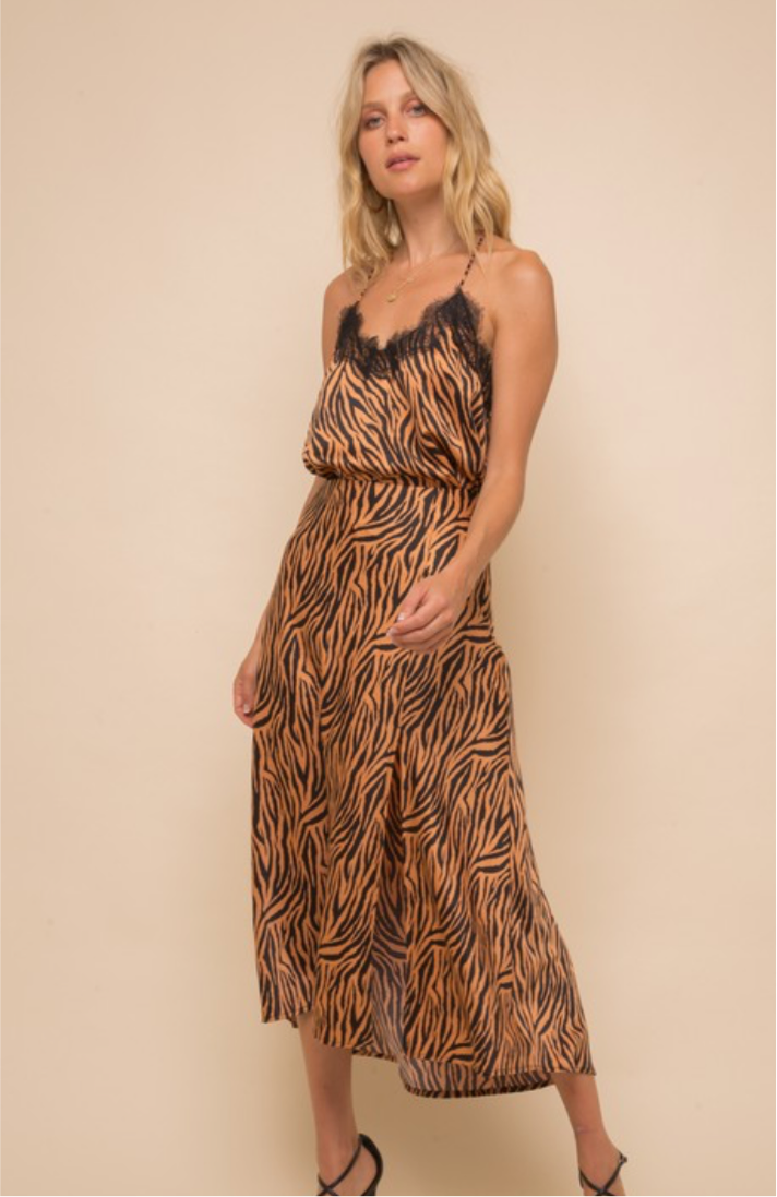 Tiger Print Copper-Black Midi Skirt
