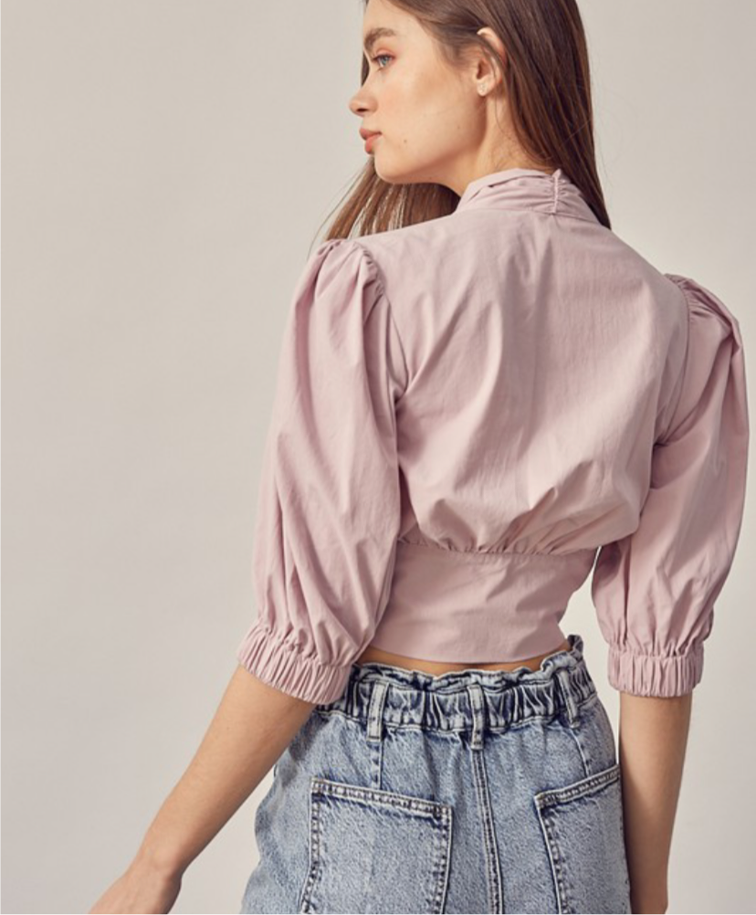 Pale Pink Tie Front Puff Sleeve Top